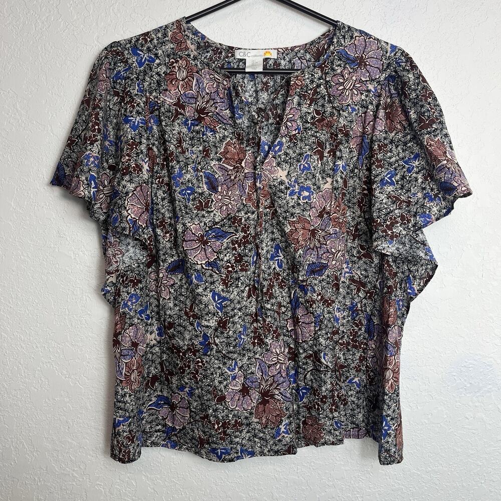 C&C California Flutter sleeve Floral print boho style Blouse, neck tie, size L